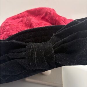 Vintage Deborah Rhodes Black Felt Hat Red Brocade Lining Velvet Bow 1970s